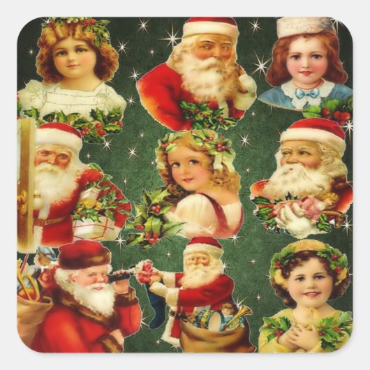 Ouderwets Kerstmis Meisjes & Kerstman Vierkante Sticker (Voorkant)