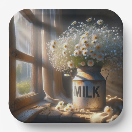 Ouderwets melkblik met daisy boeket papieren bordje (Voorkant)