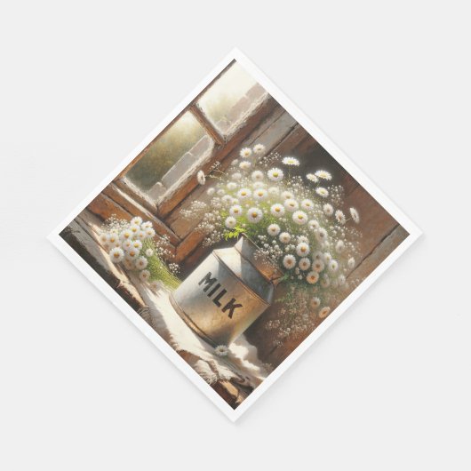 Ouderwets melkblik met daisy boeket servet (Hoek)
