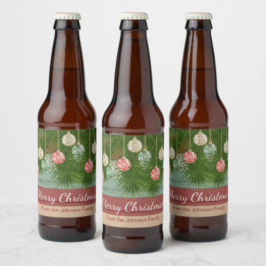 Ouderwets Merry Christmas Decoration Design Bier Etiket (Flessen)