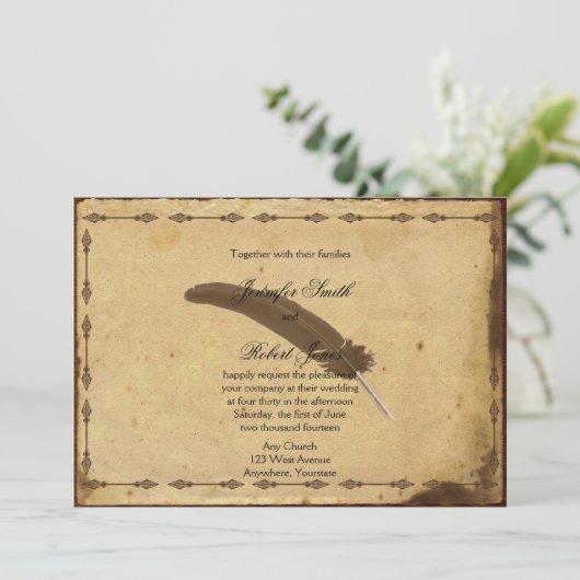 Ouderwets perkament Quill bruiloft uitnodiging (Staand voorkant)