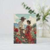 Ouderwets stel in een veld met rozen briefkaart (Staand voorkant)
