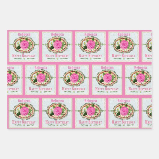 Ouderwets Verjaardagsgroet Voeg naam toe Roze Inpakpapier Vel (Voorkant 2)