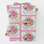 Ouderwets Verjaardagsgroet Voeg naam toe Roze Inpakpapier Vel (In situ)