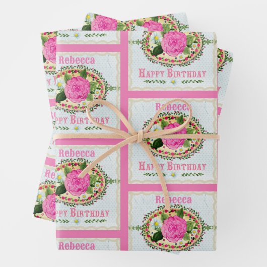 Ouderwets Verjaardagsgroet Voeg naam toe Roze Inpakpapier Vel (In situ)