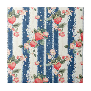 Ouderwetse Aardbei Blauw Crème Cottagecore Tegeltje