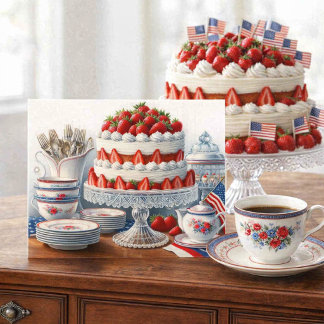 Ouderwetse Amerikaanse 4 juli-koffie en -cake Feestdagenkaart