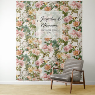 Ouderwetse Aquarel Bloem Roze Geel Houten Bruiloft Wandkleed