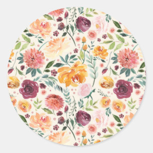 Ouderwetse Aquarel Herfstbloemen Patroon Ronde Sticker