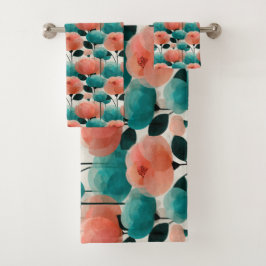 Ouderwetse Aquarel Roze en Groene Bloemen Bad Handdoek