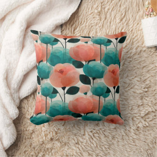Ouderwetse Aquarel Roze en Groene Bloemen Kussen