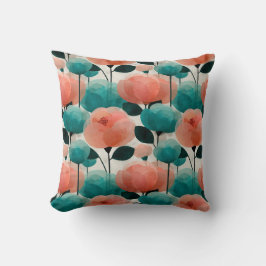 Ouderwetse Aquarel Roze en Groene Bloemen Kussen