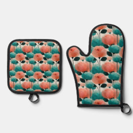 Ouderwetse Aquarel Roze en Groene Bloemen Ovenwant & Pannenlap Set