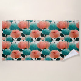 Ouderwetse Aquarel Roze en Groene Bloemen Strandlaken