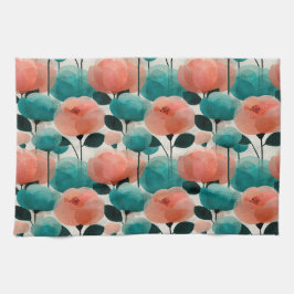 Ouderwetse Aquarel Roze en Groene Bloemen Theedoek