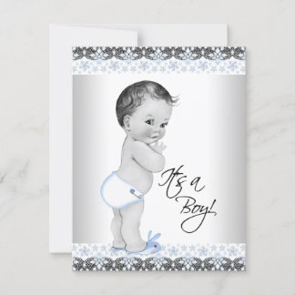 Ouderwetse babyblauw zwart grijs jongens babyfeest kaart