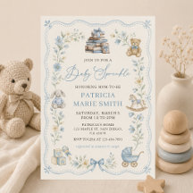 Ouderwetse babykamer blauwe bloemige babyshower ui