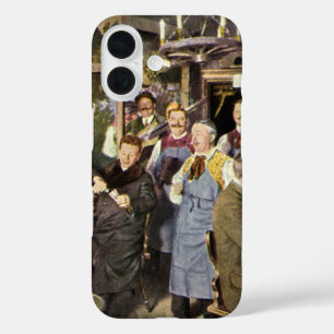 Ouderwetse bar met mensen die feest vieren, een fe iPhone 16 hoesje