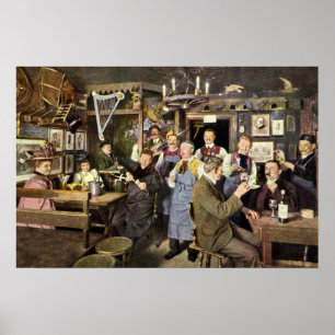 Ouderwetse bar met mensen die feest vieren, een fe poster
