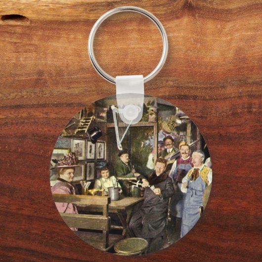 Ouderwetse bar met mensen vieren, een feest sleutelhanger (Achterkant)