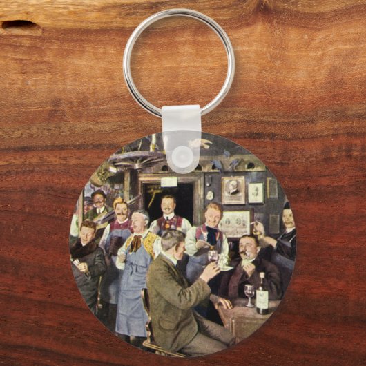 Ouderwetse bar met mensen vieren, een feest sleutelhanger (Voorkant)