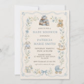 Ouderwetse blauwe bloemige babyshower uitnodiging (Voorkant)