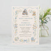Ouderwetse blauwe bloemige babyshower uitnodiging (Staand voorkant)