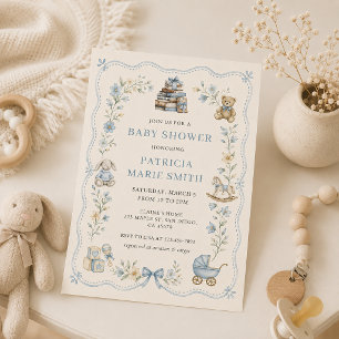 Ouderwetse blauwe bloemige babyshower uitnodiging