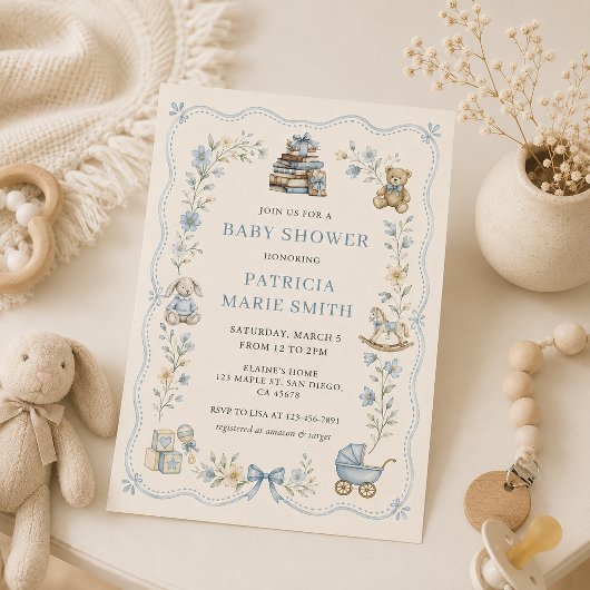 Ouderwetse blauwe bloemige babyshower uitnodiging