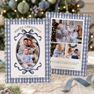 Ouderwetse blauwe geruite kerstfoto met familie va feestdagenkaart