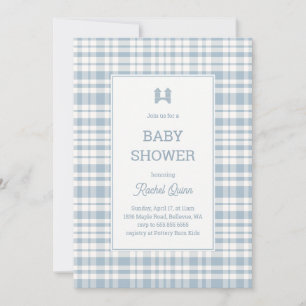 Ouderwetse blauwe geruite stof jongens babyshower kaart