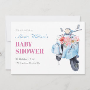 Ouderwetse blauwe scooter baby shower kaart