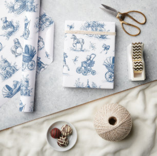 Ouderwetse Blauwe Toile Baby Thema Cadeaupapier