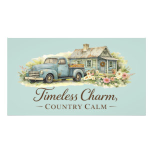 Ouderwetse Blauwe Truck Cottage Wilde Bloemen Kalm Foto Afdruk