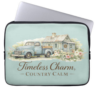 Ouderwetse Blauwe Truck Cottage Wilde Bloemen Rust Laptop Sleeve