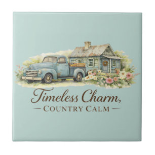 Ouderwetse Blauwe Truck Cottage Wilde Bloemen Rust Tegeltje