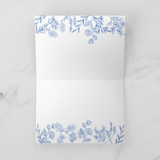 Ouderwetse bloemige blauwe bruidsdouche bedankkaart (Binnen)