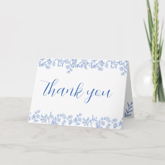 Ouderwetse bloemige blauwe bruidsdouche bedankkaart (Voorkant)