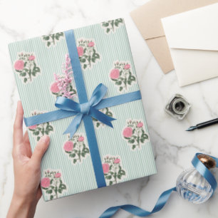 Ouderwetse bloemige roze rozen groene strepen patr cadeaupapier