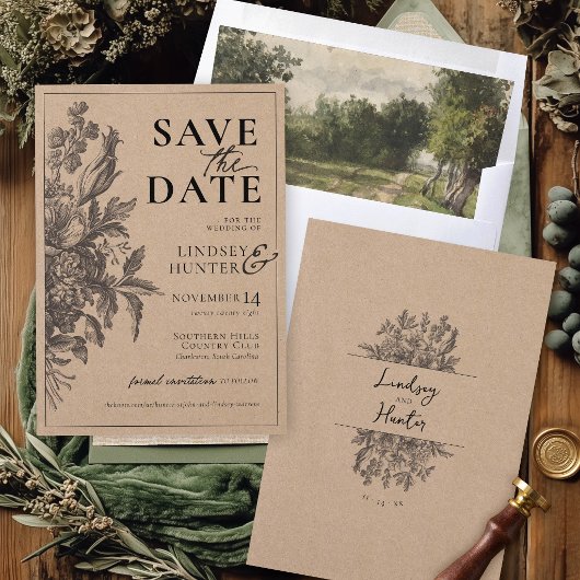 Ouderwetse Bloemige Rustieke Kraft Boho Monogram H Save The Date