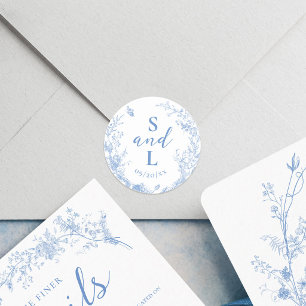 Ouderwetse bloemige stoffige blauwe elegante trouw ronde sticker