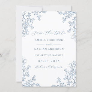 Ouderwetse bloemige stoffige blauwe huwelijksaanko save the date