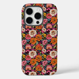 Ouderwetse bloempatroon met felle kleuren op zwart iPhone 16 pro hoesje