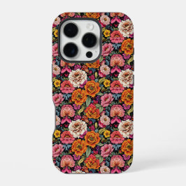 Ouderwetse bloempatroon met felle kleuren op zwart iPhone 16 pro hoesje