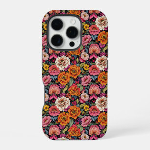Ouderwetse bloempatroon met felle kleuren op zwart iPhone 16 pro hoesje