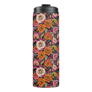 Ouderwetse bloempatroon met felle kleuren op zwart thermosbeker
