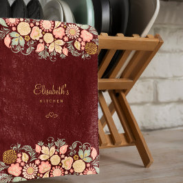 Ouderwetse bloemrijke elegante bordeauxrood theedoek