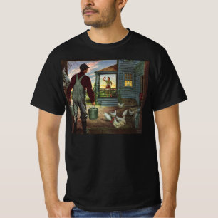 Ouderwetse boerderij met boer en kippen t-shirt