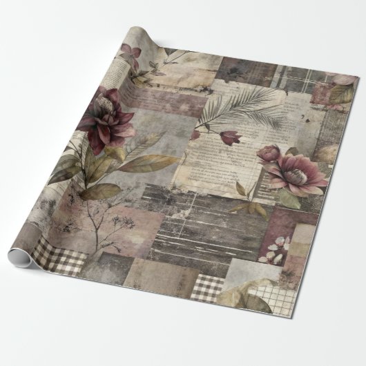 Ouderwetse botanische patchwork roestig (1) cadeaupapier (Uitgerold)