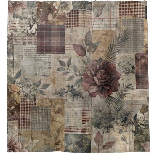 Ouderwetse botanische patchwork roestig (2) douchegordijn (Voorkant)